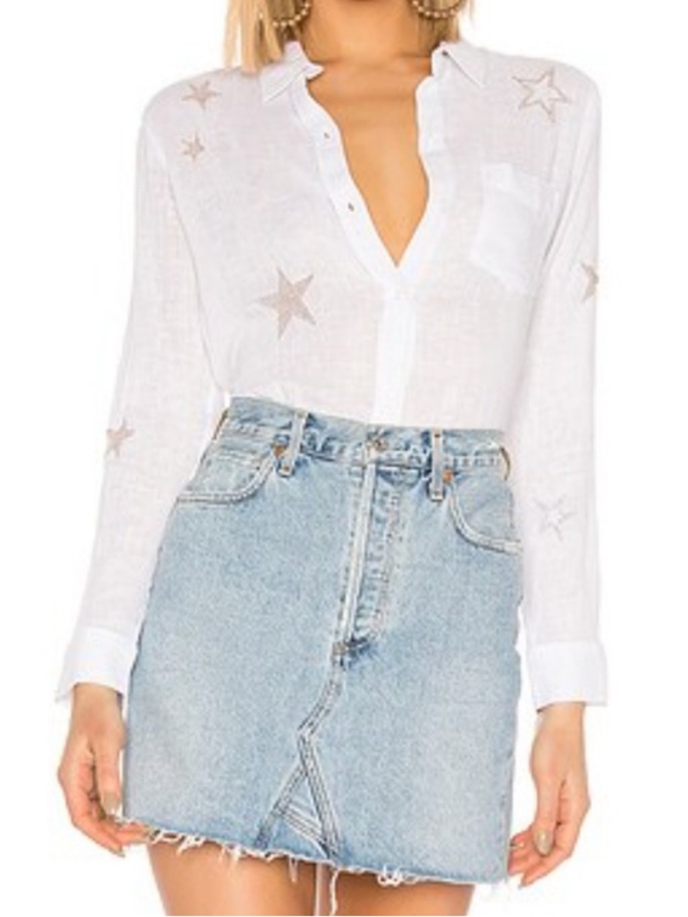 RAILS Charli White & Rose Gold Star Embroidery Linen Blend Button Down Size XS